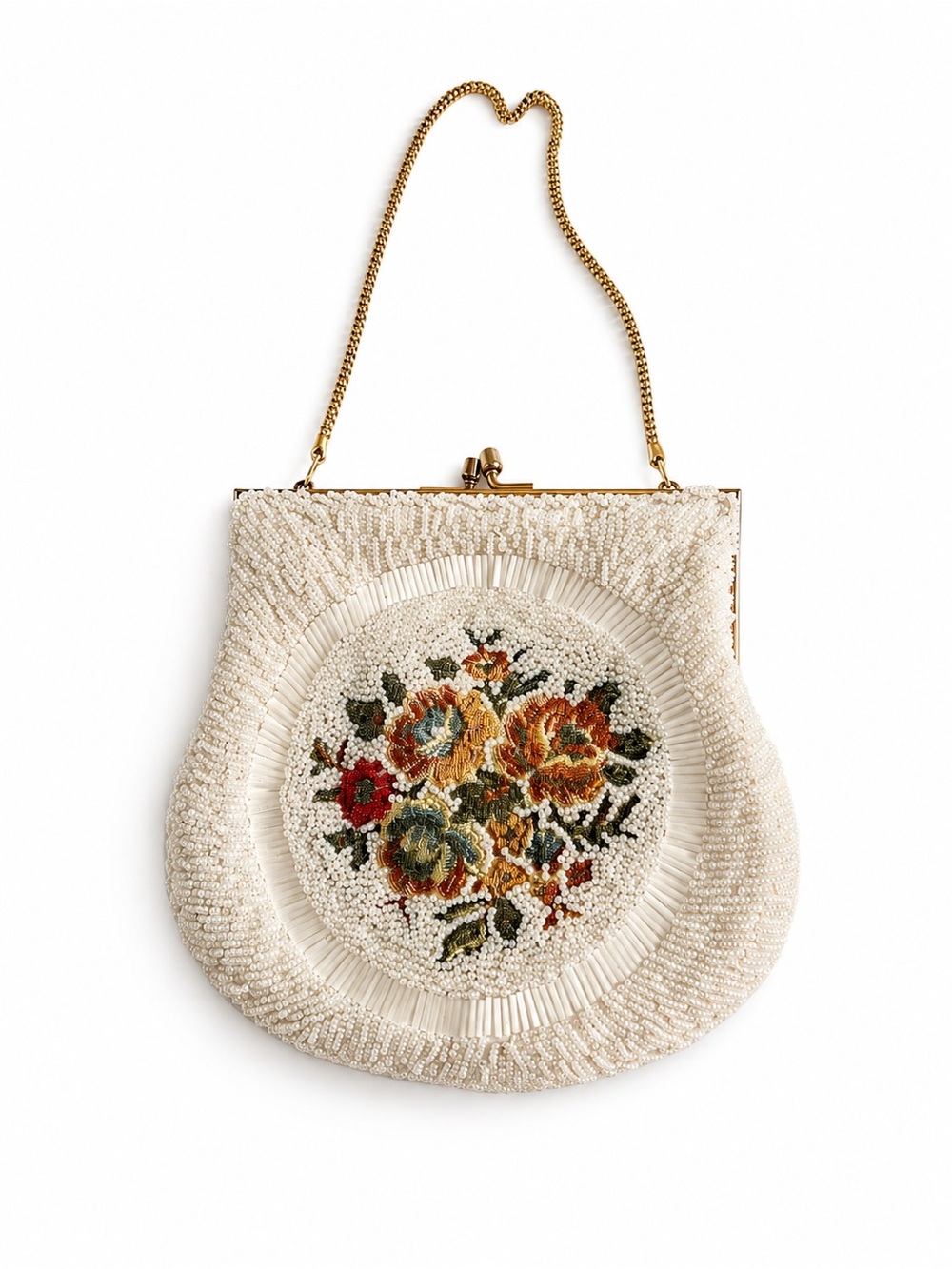 Vintage Beaded Floral Evening Bag Ivory Pearl Beaded Kiss Lock Purse Gold Chain